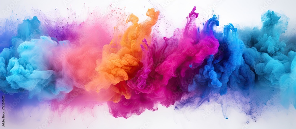 Vivid hues of purple, violet, pink, and magenta dance like petals in electric blue smoke, creating an artistic display that is both captivating and mesmerizing on a white background