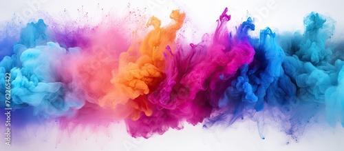 Vivid hues of purple, violet, pink, and magenta dance like petals in electric blue smoke, creating an artistic display that is both captivating and mesmerizing on a white background