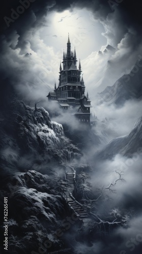 A dark castle on top of a mountain with clouds at night. Castle in the fog. Vertical orientation