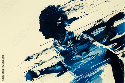 artistic silhouette of an athlete in motion. active lifestyle illustration with blue and beige colors