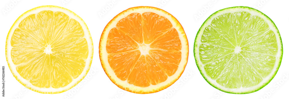 slice lemon fruit, slice orange fruit and slice fresh lime isolated, transparent PNG, PNG format, cut out