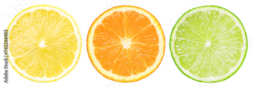 slice lemon fruit, slice orange fruit and slice fresh lime isolated, transparent PNG, PNG format, cut out