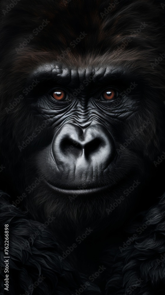 Close up portrait of black gorilla. Front face of dark gorilla. Vertical orientation. Gorilla wallpaper