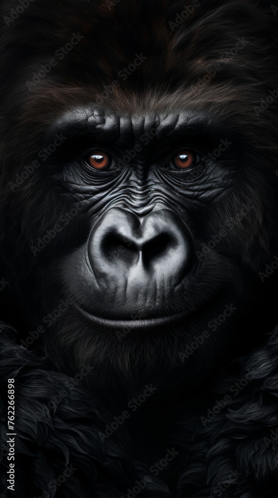 Close up portrait of black gorilla. Front face of dark gorilla. Vertical orientation. Gorilla wallpaper Close up portrait of black gorilla. Front face of dark gorilla. Vertical orientation. Gorilla wallpaper