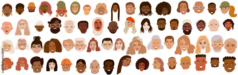 Characters smiling people different age and ethnicity. Young and old, woman, man, diversity. Vector flat illustration, hand drawn sketch, doodle  - obrazy, fototapety, plakaty 
