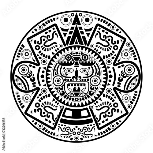 Sacred Aztec wheel calendar Mayan sun god, Maya symbols ethnic mask, black tattoo round frame border old logo icon vector illustration isolated on white background 