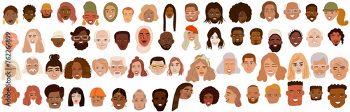 Characters smiling people different age and ethnicity. Young and old, woman, man, diversity. Vector doodle flat illustration, hand drawn sketch, doodle  #762266899