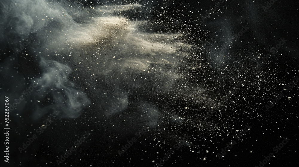 Gravel dust gritty background on black. Powder explosion