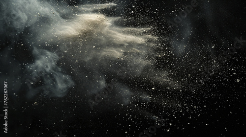 Gravel dust gritty background on black. Powder explosion