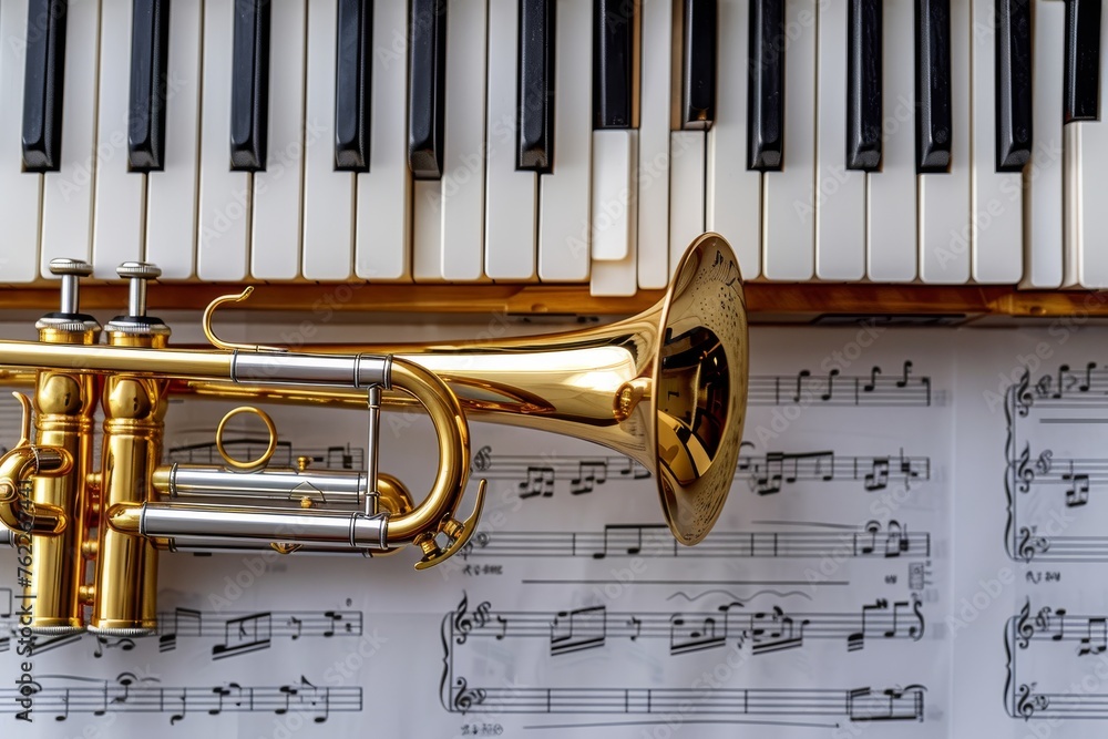 Obraz premium Brass instruments and piano concert concept with background of mouthpiece on piano keys and staff sheets. Top view. Horizontal composition.