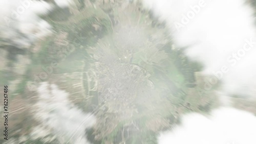 Earth zoom in from space to Barysaw, Belarus. Followed by zoom out through clouds and atmosphere into space. Satellite view. Travel intro. Images from NASA photo