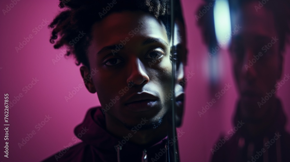 African American man posing near the mirror isolated on purple background. Black man portrait