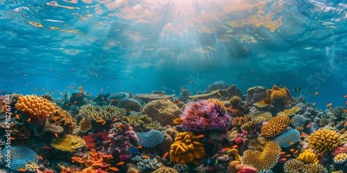 Underwater vibrant coral reef garden teeming with life - Colorful corals of all shapes and sizes create a mesmerizing landscape with swaying sea anemones created with Generative AI Technology © Art Creations