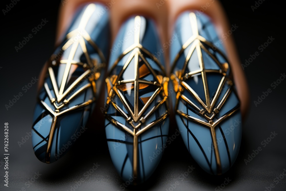 Womans Hand With Blue and Gold Nail Polish