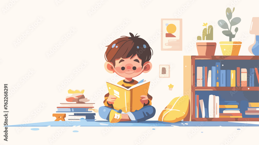 Little boy reading a book on a table flat vector iso