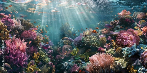 Underwater vibrant coral reef garden teeming with life - Colorful corals of all shapes and sizes create a mesmerizing landscape with swaying sea anemones created with Generative AI Technology