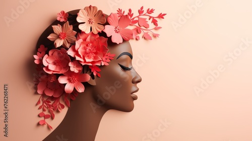 Woman face and floral paper cut design for women day card with ample free space © Aliaksandra