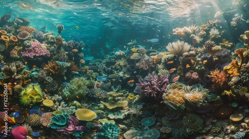 Underwater vibrant coral reef garden teeming with life - Colorful corals of all shapes and sizes create a mesmerizing landscape with swaying sea anemones created with Generative AI Technology © Art Creations