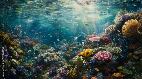 Underwater vibrant coral reef garden teeming with life - Colorful corals of all shapes and sizes create a mesmerizing landscape with swaying sea anemones created with Generative AI Technology © Art Creations