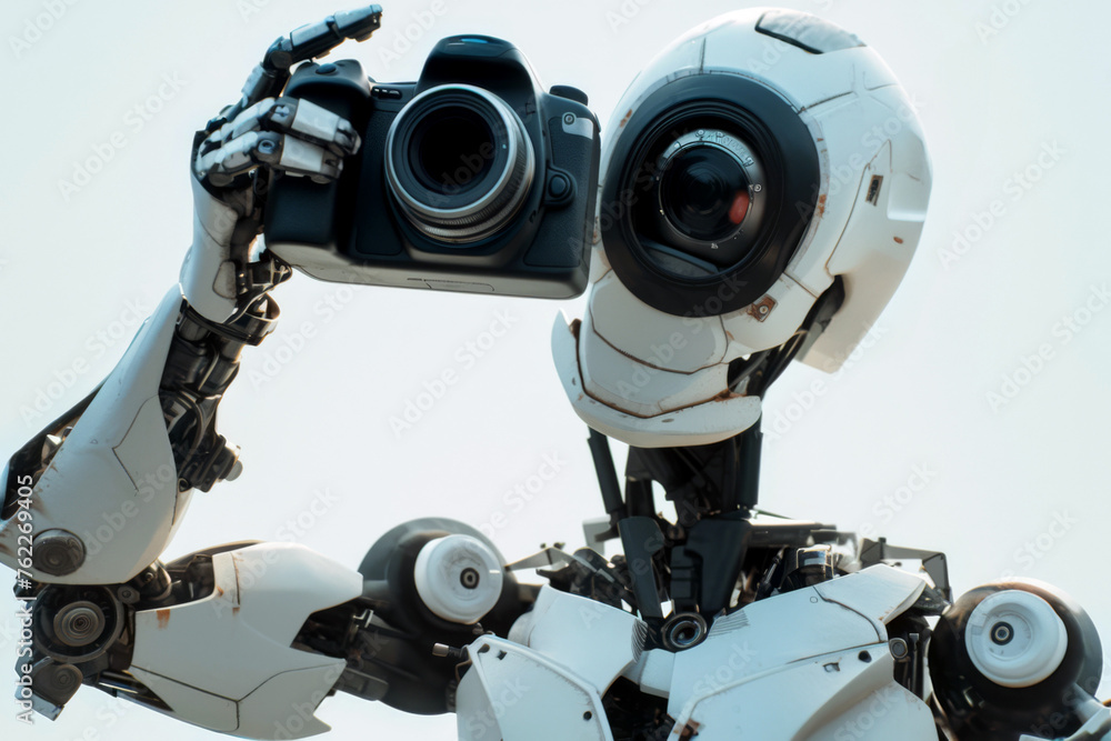 Portrait of a humanoid robot working with a camera in its hands. Concept of video surveillance using artificial intelligence. Portrait of a humanoid robot working with a camera in its hands. Concept of video surveillance using artificial intelligence.