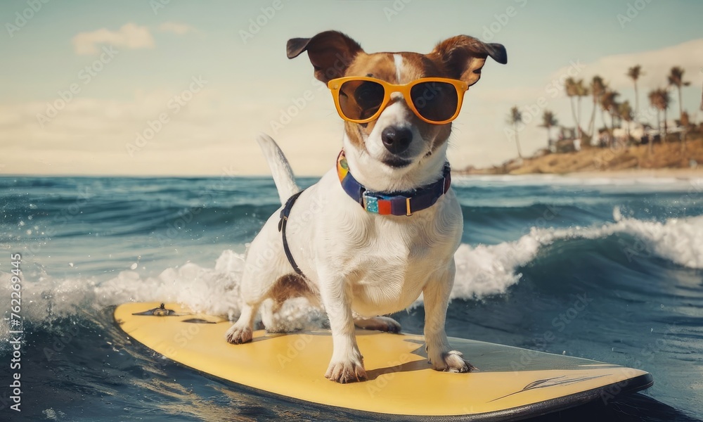Cool jack russel puppy surfing with sunglasses in the ocean waves. Summer vacation holidays and travel concept.Concept for t- shirt design, backpacks and bags print,notebook covers design.