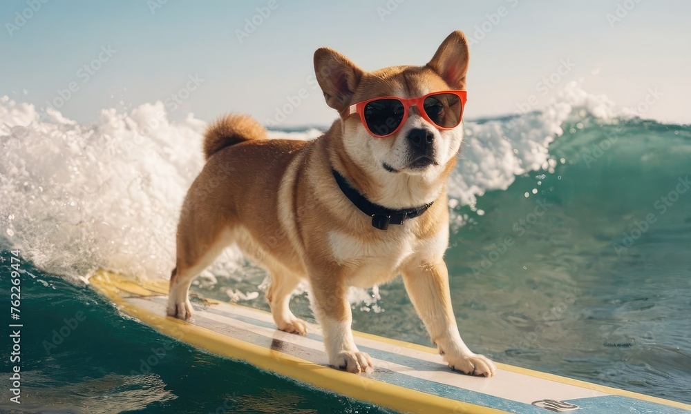 Dog Shiba surfing on a surfboard.Promoting beach resorts or hotels, summer vacation holidays and travel concept.Concept for t- shirt design, backpacks and bags print,notebook covers design.