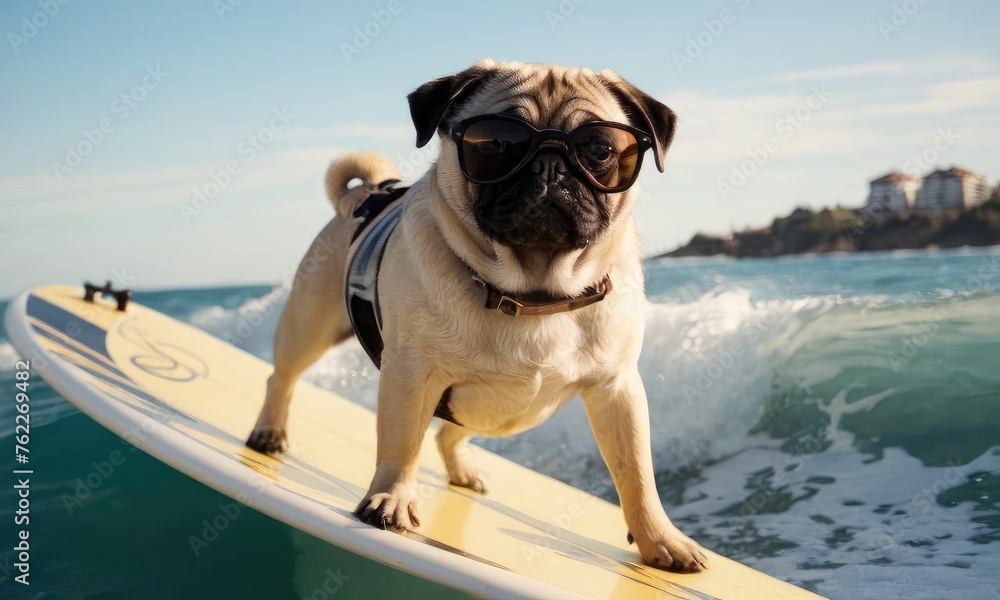 Cool pug dog surfing with sunglasses in the ocean waves. Summer vacation holidays and travel concept.Concept for t- shirt design, backpacks and bags print,notebook covers design.