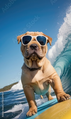 Shar pei dog surfing on a yellow surfboard at the beach on sunny day. Summer vacation holidays and travel concept.Concept for t- shirt design, backpacks and bags print,notebook covers design. photo