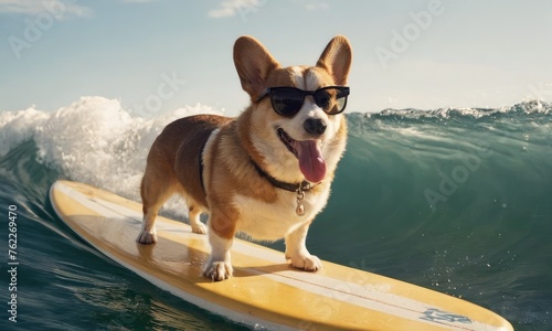 Corgi puppy surfing on yellow surfboard at the beach on sunny day. Summer vacation holidays and travel concept.Concept for t- shirt design, backpacks and bags print,notebook covers design. photo