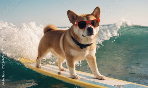 Dog Shiba surfing on a surfboard.Promoting beach resorts or hotels, summer vacation holidays and travel concept.Concept for t- shirt design, backpacks and bags print,notebook covers design. © JuLady_studio
