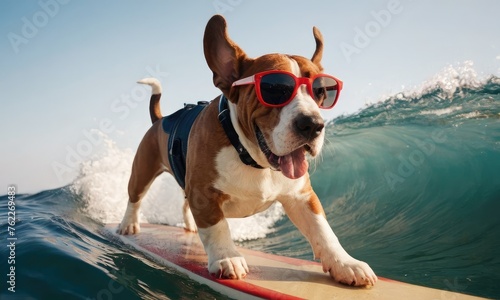 Surfing on big waves cool beagle puppy.Promoting beach resorts or hotels, summer vacation holidays and travel concept.Concept for t- shirt design, backpacks and bags print,notebook covers design. © JuLady_studio