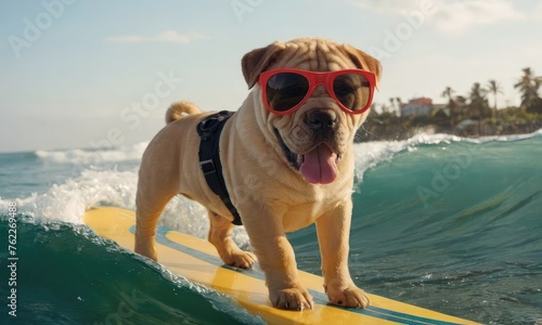 Dog Shar pei surfing on a surfboard.Promoting beach resorts or hotels, summer vacation holidays and travel concept.Concept for t- shirt design, backpacks and bags print,notebook covers design. © JuLady_studio