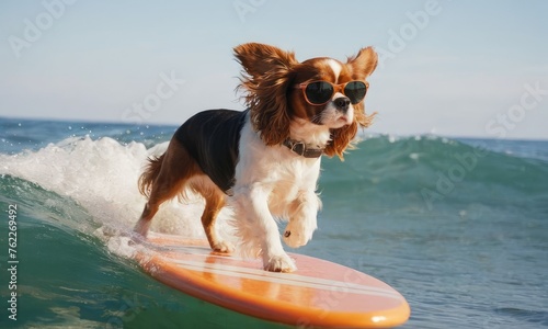 Cool King Charlies Spaniel puppy surfing with sunglasses in the ocean waves. Summer vacation holidays and travel concept.Concept for t- shirt design, backpacks and bags print,notebook covers design. photo