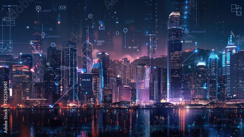 a city's night skyline, overlaid with smart service icons and concepts of internet of things, networks, and augmented reality, offering a glimpse into the future of urban connectivity.