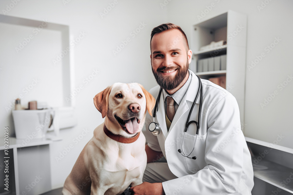 male veterinarian doctor with Labrador dog sitting in medical office. World, Veterinary Day generative AI