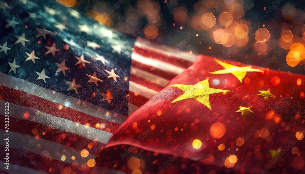 US and China Flags with Sparkling Lights US and China Flags with Sparkling Lights