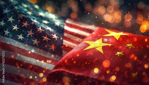 US and China Flags with Sparkling Lights