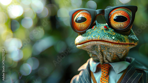 boss frog wearing business coat  tie  shirt and glasses   blur background   can be used for cards  business  banners  posters  
