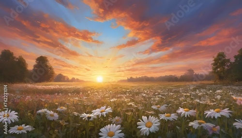 A digital painting capturing the magical moment of a sunrise breaking through colorful clouds over a field of giant daisies. #762271014