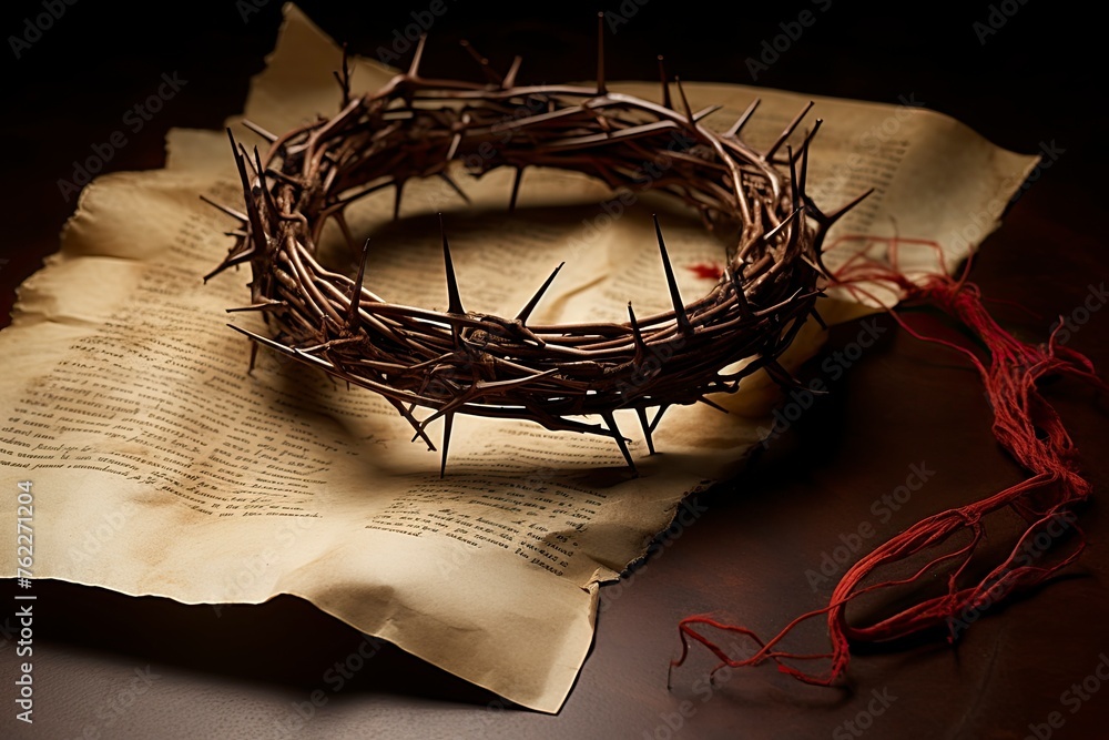 This Crown of Thorns against parchment paper represents Jesus's Crucifixion on the Cross, dying ...