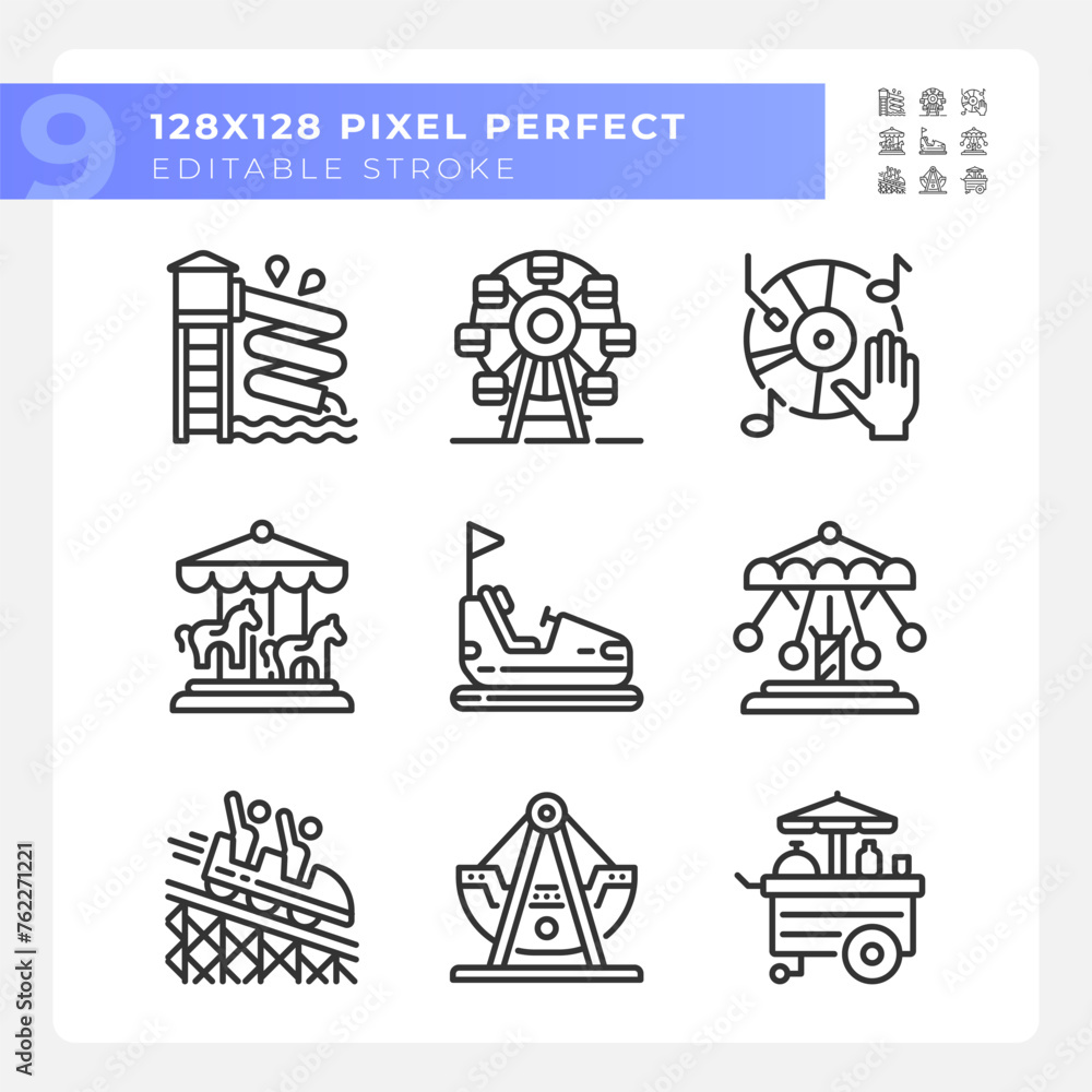 Amusement park attractions pixel perfect linear icons set. Fairground activities. Family vacation. Customizable thin line symbols. Isolated vector outline illustrations. Editable stroke