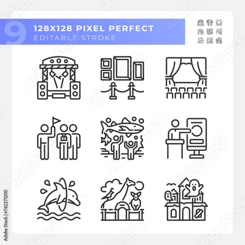 Entertainment events pixel perfect linear icons set. Touristic attractions. Theater performances. Customizable thin line symbols. Isolated vector outline illustrations. Editable stroke