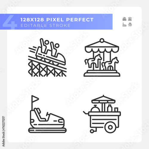 Riding amusement pixel perfect linear icons set. Fairground attraction. Adrenaline vacation. Roundabout carousel. Customizable thin line symbols. Isolated vector outline illustrations. Editable stroke