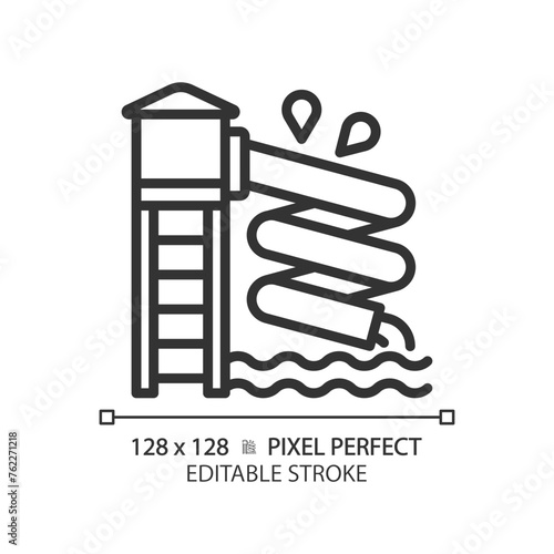 Waterslide pixel perfect linear icon. Aqua park attraction. Family vacation. Leisure activity. Water playground. Thin line illustration. Contour symbol. Vector outline drawing. Editable stroke