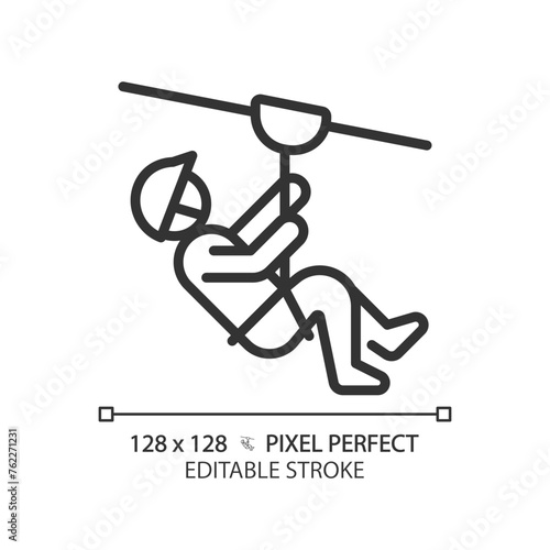 Zip line ride pixel perfect linear icon. Dangerous sport attraction. Extreme activity. Outdoor adventure. Thin line illustration. Contour symbol. Vector outline drawing. Editable stroke