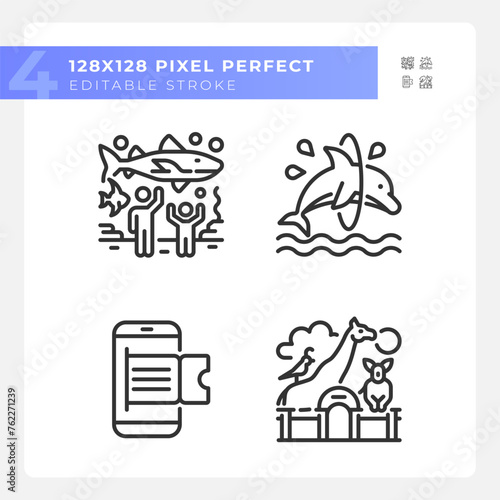 Zoo exhibit pixel perfect linear icons set. Online booking. Aquatic show, animal habitats. Zoological park. Customizable thin line symbols. Isolated vector outline illustrations. Editable stroke