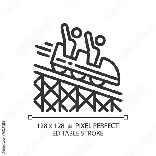 Roller coaster pixel perfect linear icon. Fairground park, ride amusement. Adrenaline vacation, tourism entertainment. Thin line illustration. Contour symbol. Vector outline drawing. Editable stroke
