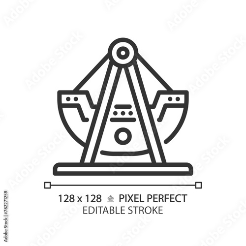 Swinging pirate ship pixel perfect linear icon. Swing boat amusement. Viking thematical park. Festival attraction. Thin line illustration. Contour symbol. Vector outline drawing. Editable stroke