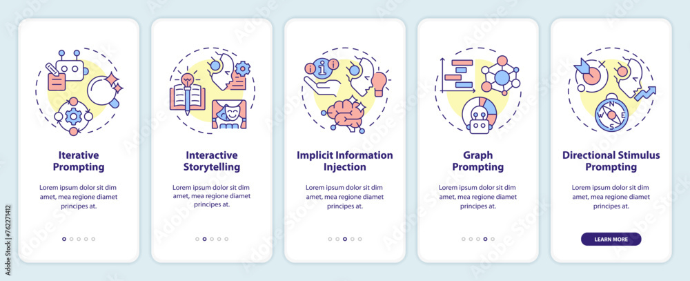 Prompt engineering strategies onboarding mobile app screen. Walkthrough 5 steps editable graphic instructions with linear concepts. UI, UX, GUI template. Myriad Pro-Bold, Regular fonts used