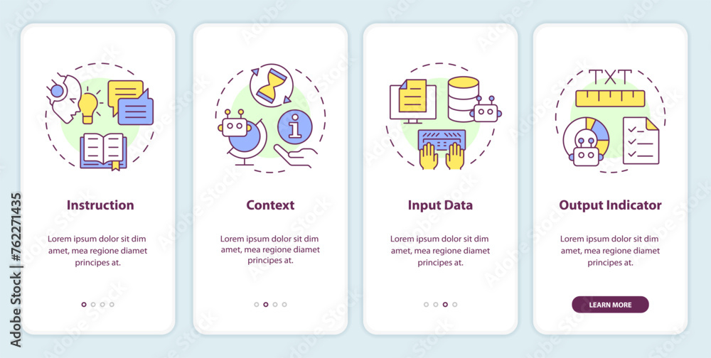 Prompt key elements onboarding mobile app screen. Walkthrough 4 steps editable graphic instructions with linear concepts. UI, UX, GUI template. Myriad Pro-Bold, Regular fonts used
